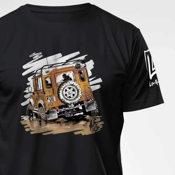 Hand-drawn Land Rover Defender 90 art printed on off-road mud design T-shirt