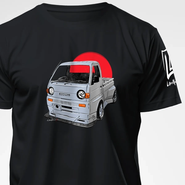 Hand-drawn Japanese modified Suzuki Carry art printed on a white JDM T-shirt