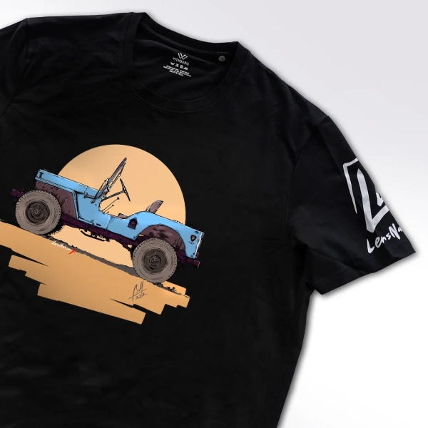 Flat lay of Jeep art T-shirt featuring hand-drawn vintage 4x4 artwork